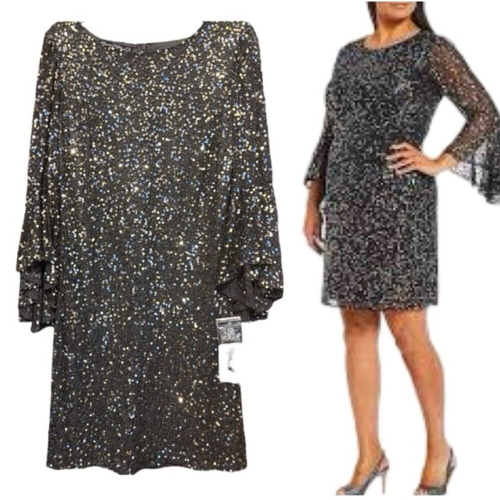 Pisarro Nights Dress 12P Bell Sleeve Sequin Beaded Wedding Party Formal NEW